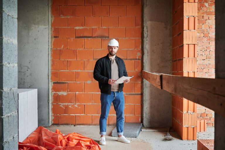 Worker standing with papers in hand